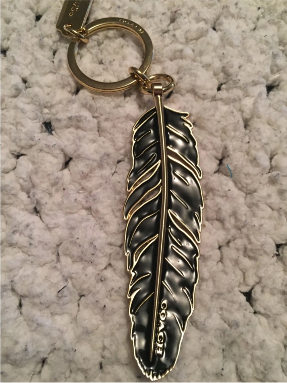 Coach Black and Gold Enamel Feather Keyring EUC